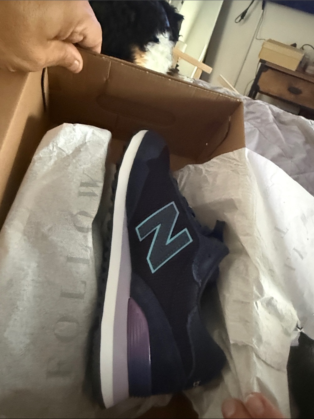 New Balance Men's Navy Sneaker with Teal Logo and Purple Accent